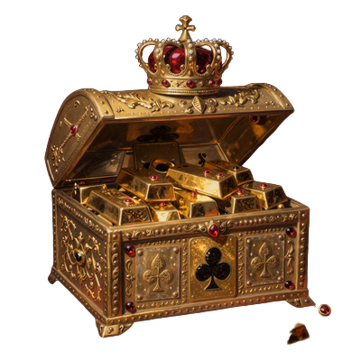 Goldene Truhe mit Kreuz-Symbol und Krone - vierter Bonus mit Kr&ouml;nung der Familie