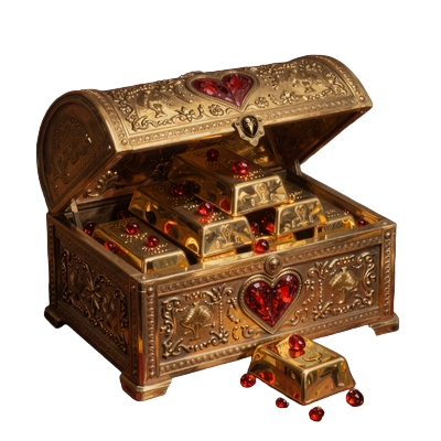 Goldene Truhe mit Herz-Symbol - zweites Bonus-Tor mit 150 Prozent Match-Bonus